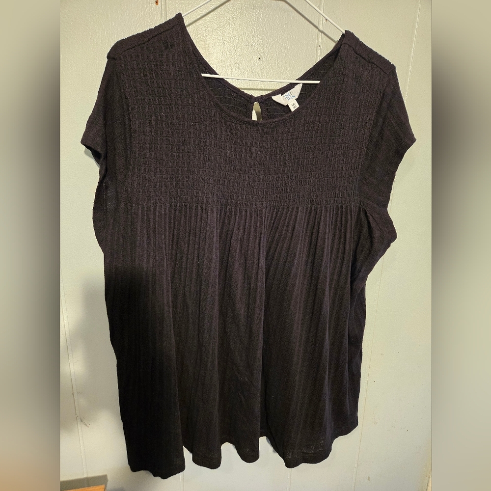 Womens Black Short Sleeve Blouse Key Hole Back Scrunch Front 2x
